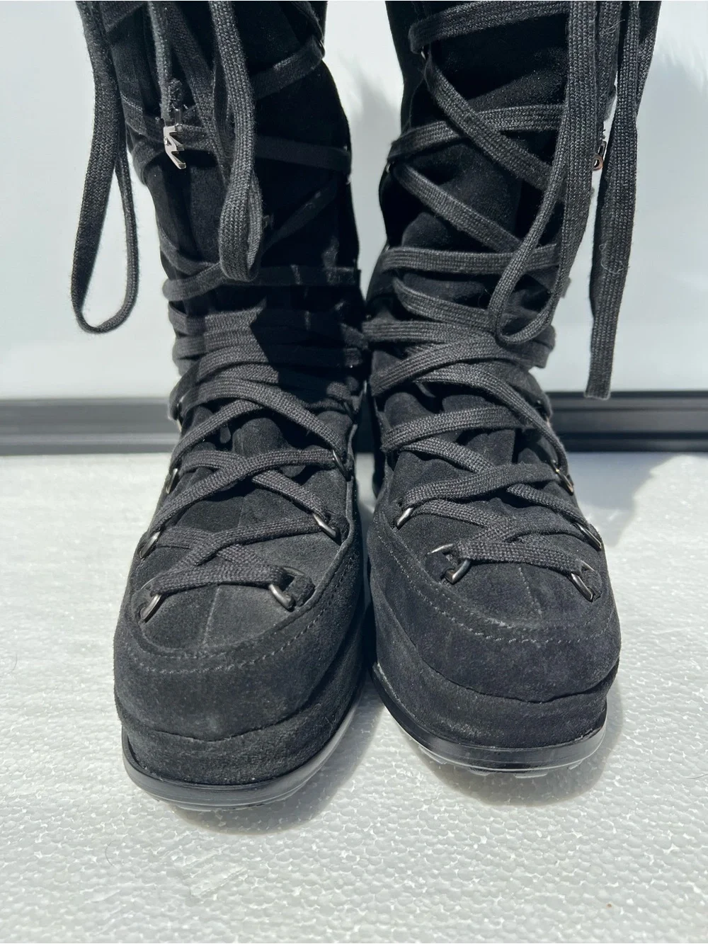 Stuart Weitzman Women's Black Suede Knee High Lace Up Fur Boots Platform 7.5